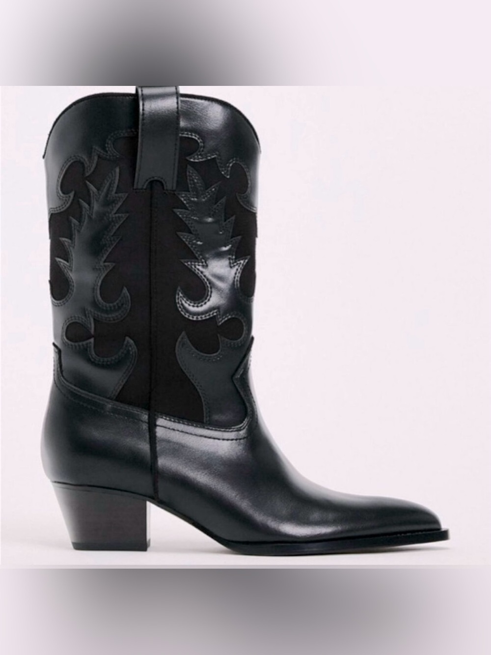 Zara Black Western Mid-Calf Leather Boots